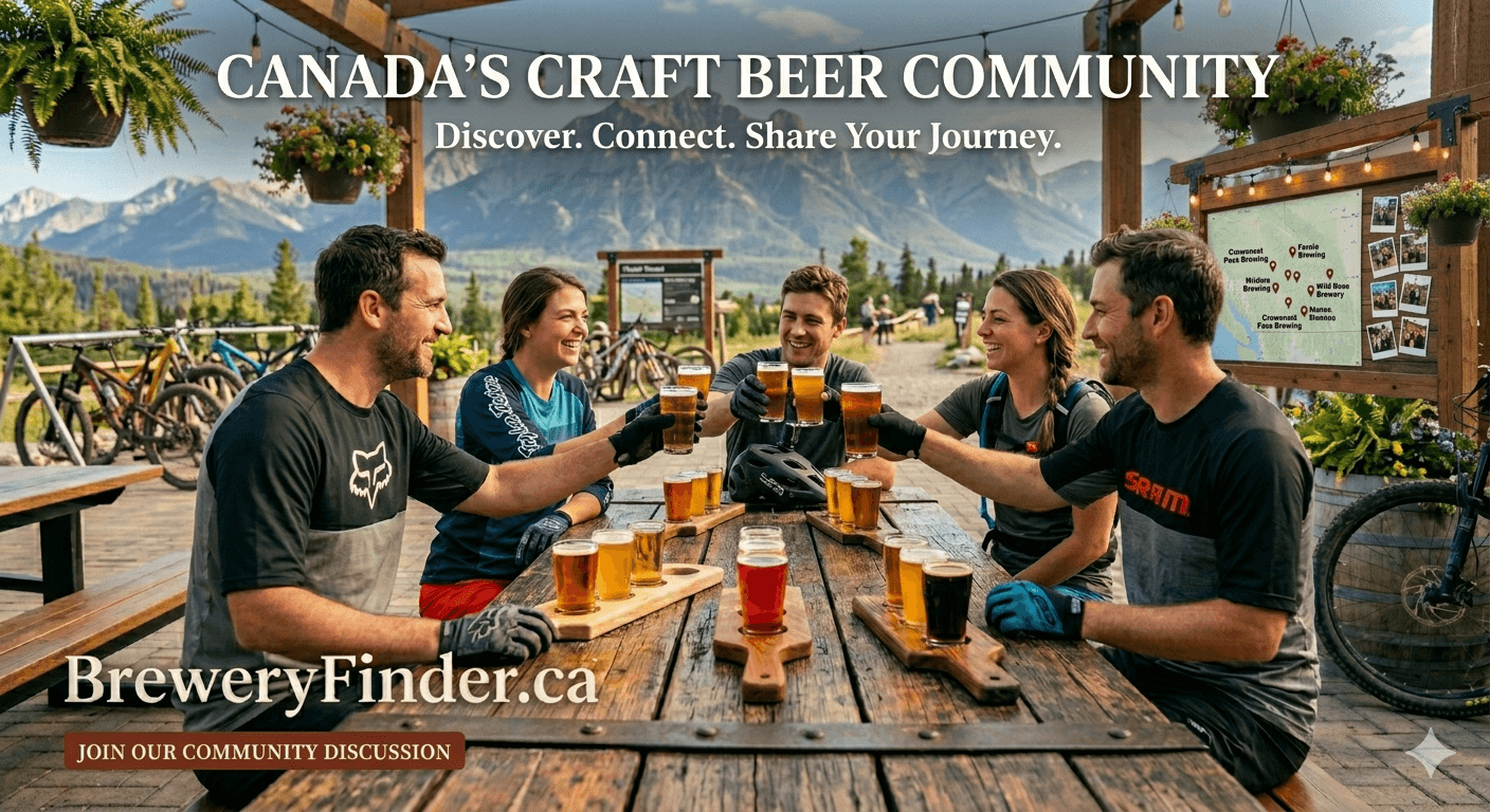 Canada's craft beer community — outdoor adventurers toasting Canadian craft beer at a mountain taproom
