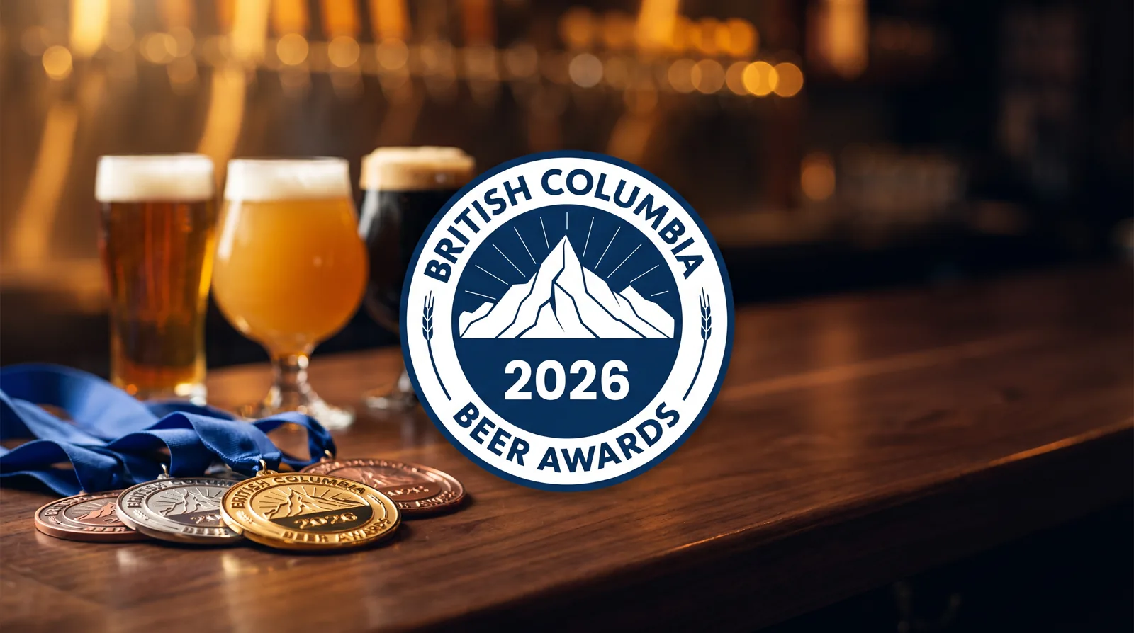 BC Beer Awards 2026 at the Anvil Centre in New Westminster — the official 2026 awards badge over a dark craft-beer backdrop