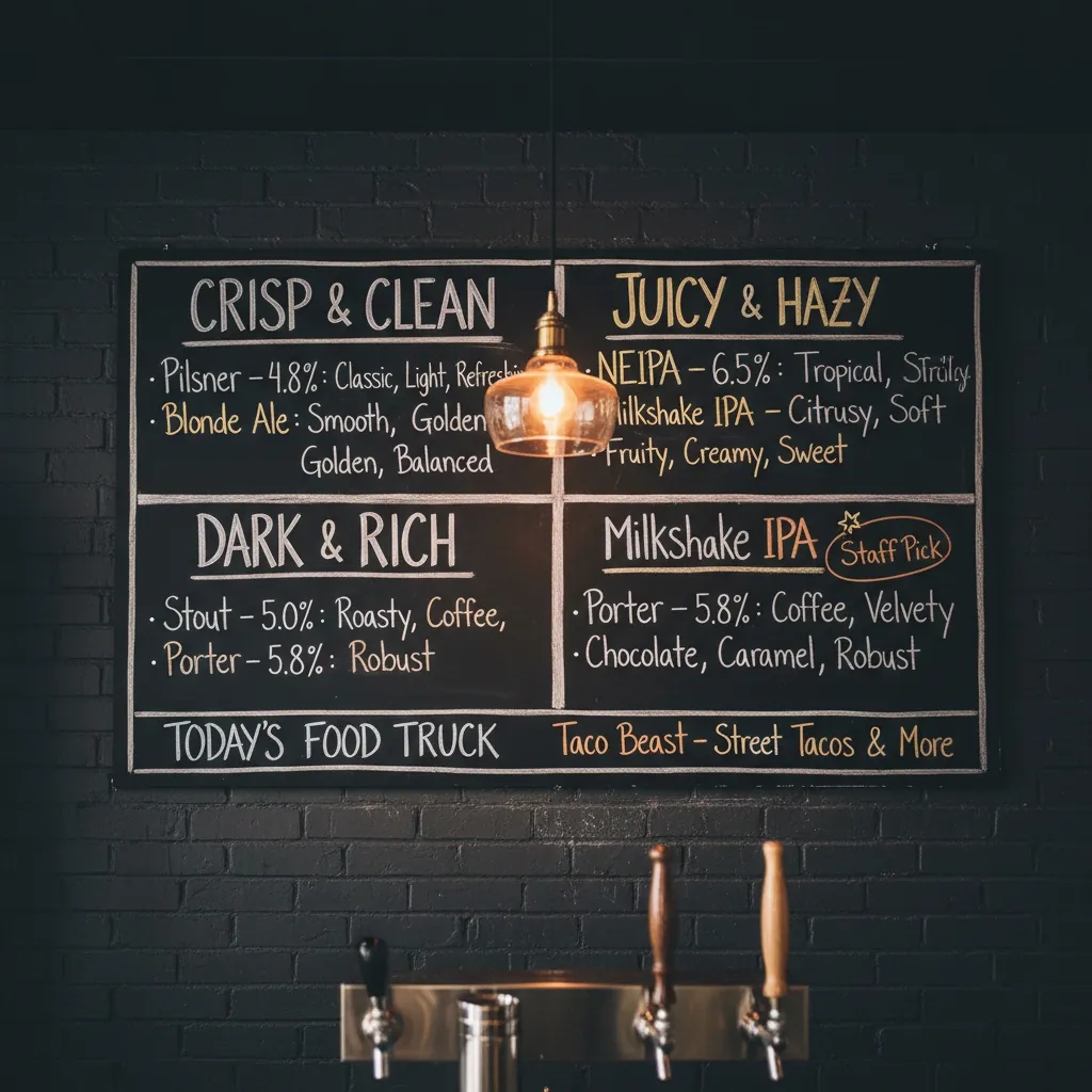 Craft brewery chalkboard tap menu organized by flavour with a Staff Pick callout — illustrating menu engineering